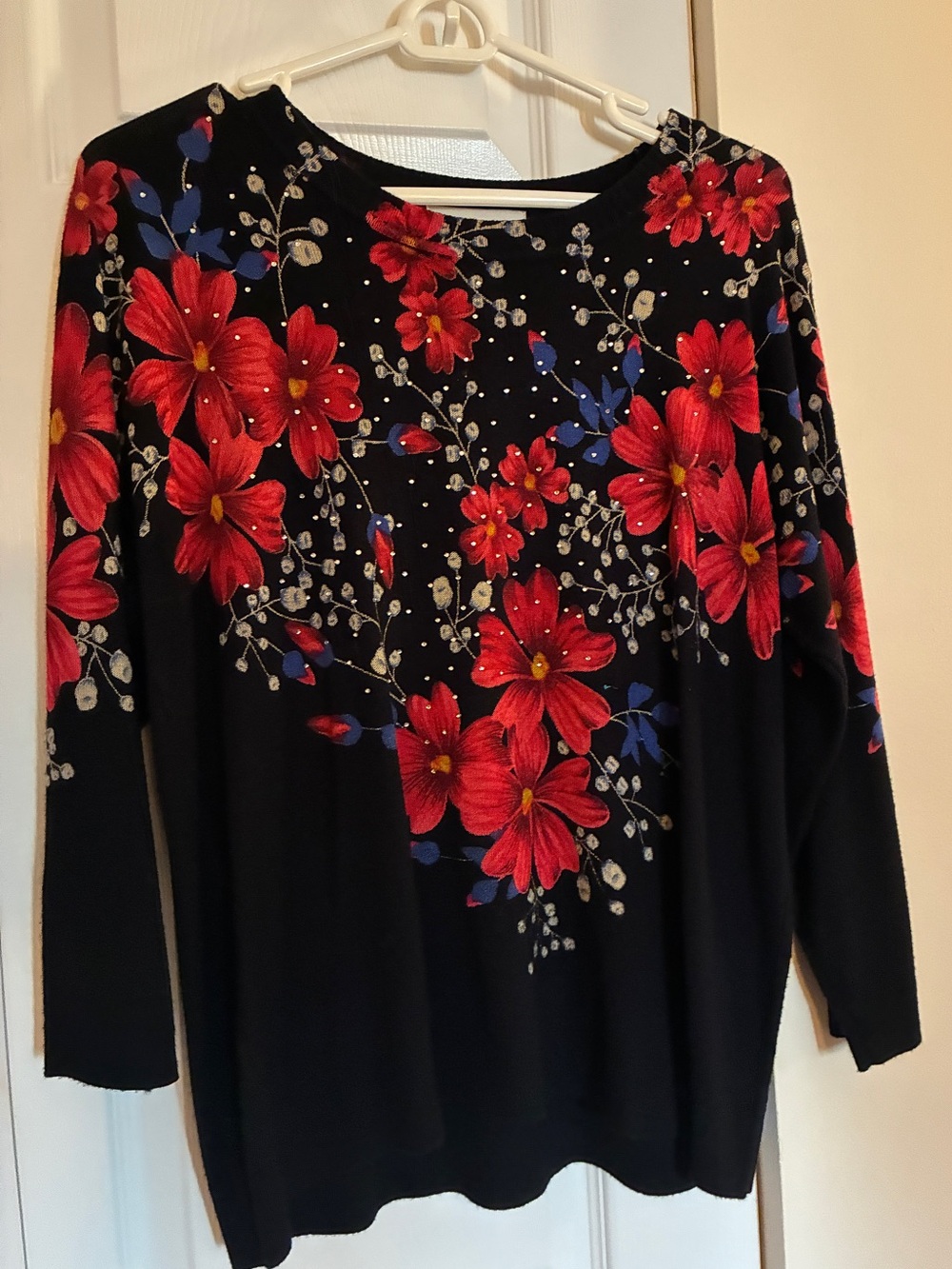 Women’s Long Sleeve Floral Tee - Black with Red Floral Print